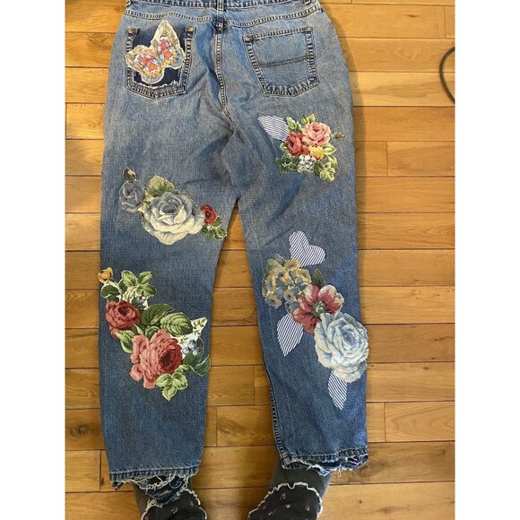 OOAK SAVED JEANS REFASHIONED UPCYCLED PATCHED DISTRESSED WASHED AND FRINGED 16A - Picture 1 of 16